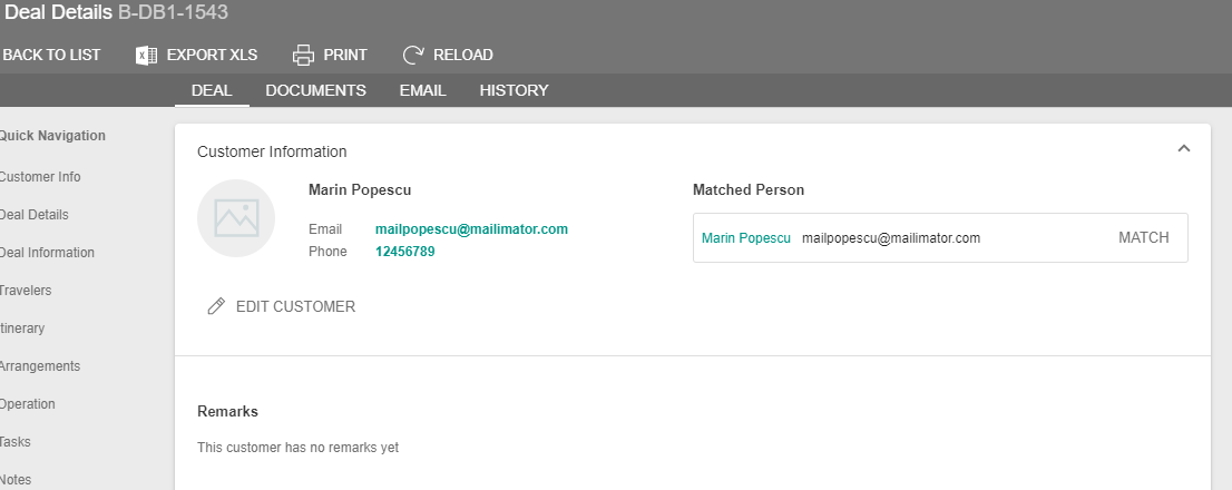 A screenshot showing the customer's profile and the match customer option