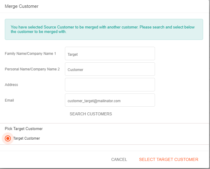 A screenshot showing the merge customer window