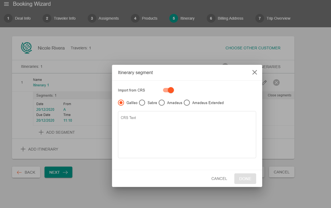 A screenshot showing the import from CRS input field for a deal's itinerary segment