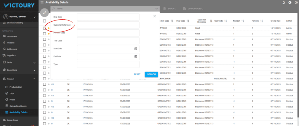 A screenshot showing the new Customer reference field in the Availability details listing search