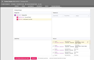 Screenshot of our travel management software showing the package manager option to open a price in new tab