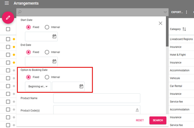 Screenshot of our travel management software showing the option to booking date filter in arrangements
