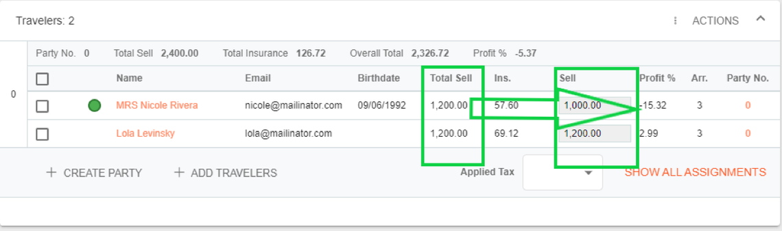 A screenshot showing the updated sell price per traveler 