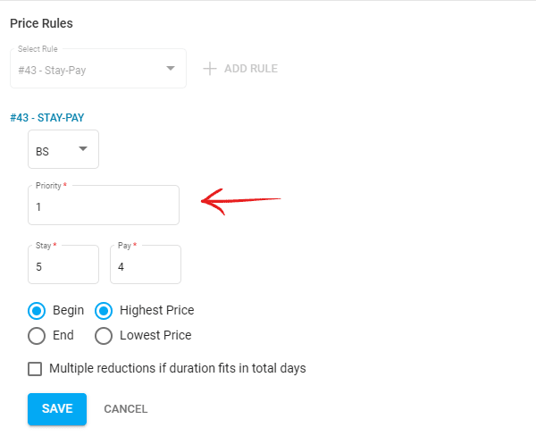 A screenshot of our travel management software showing the new option to set priorities to specific price rules.