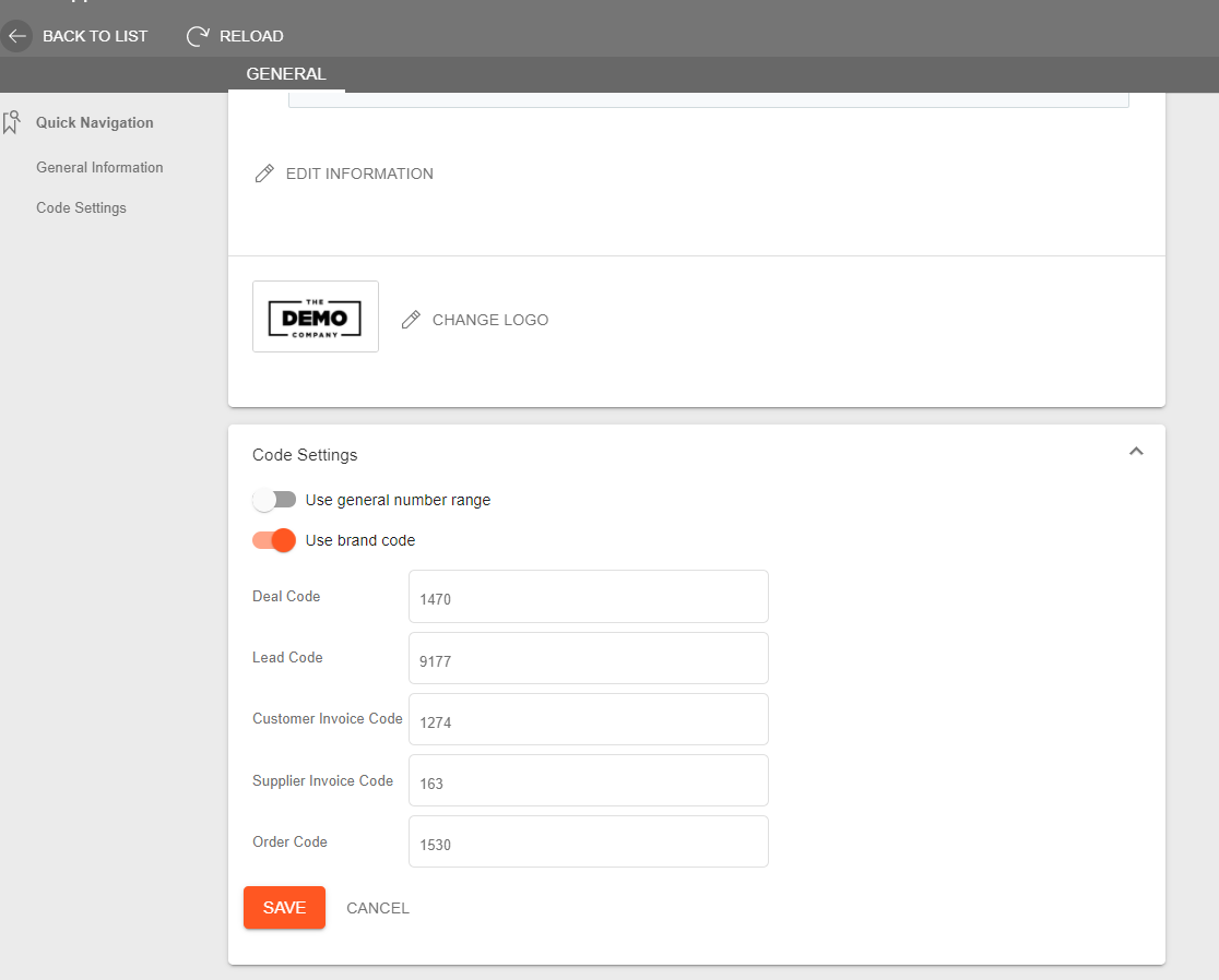 A screenshot showing the code settings for each brand
