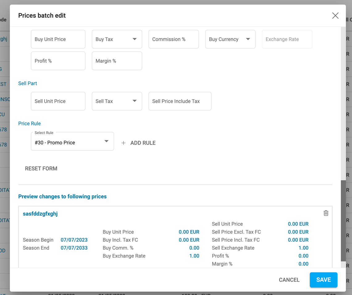 A screenshot showing the price batch edit window
