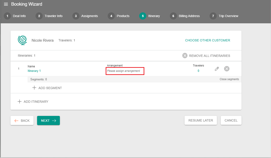 A screenshot showing the itinerary section in a new deal with an itinerary added. An arrangement can be assigned to the itinerary