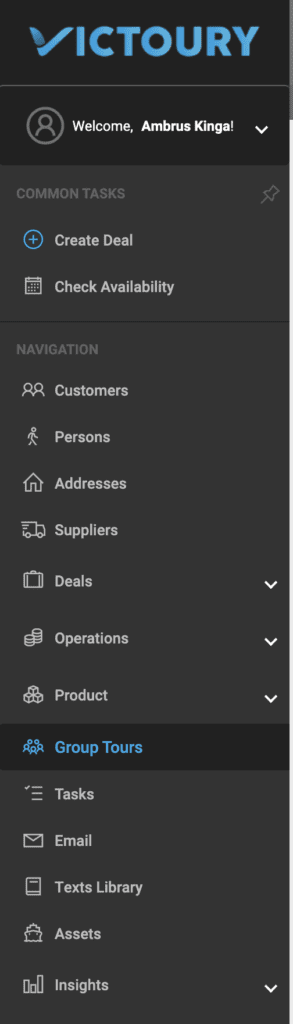 A screenshot showing the Group Tour tab in the Victoury menu