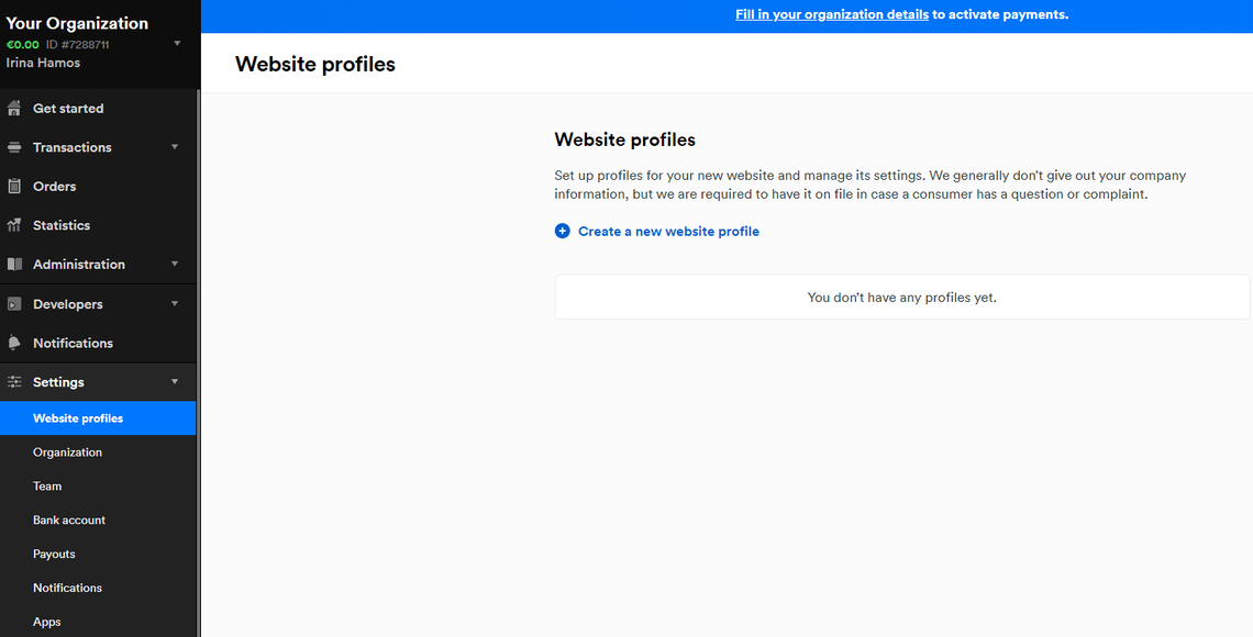 A screenshot showing the website profiles page of Mollie
