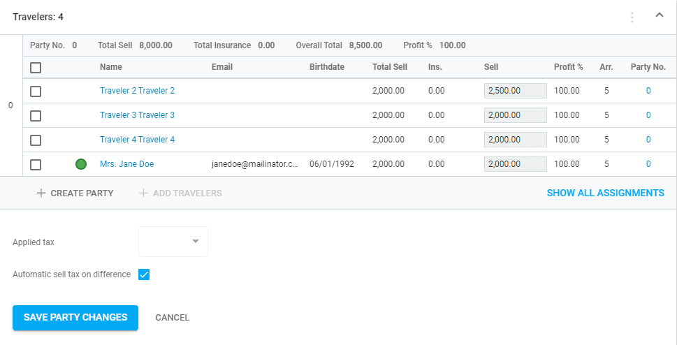 A screenshot showing the traveler table and the price breakdown for each person from a deal in our tour operator software