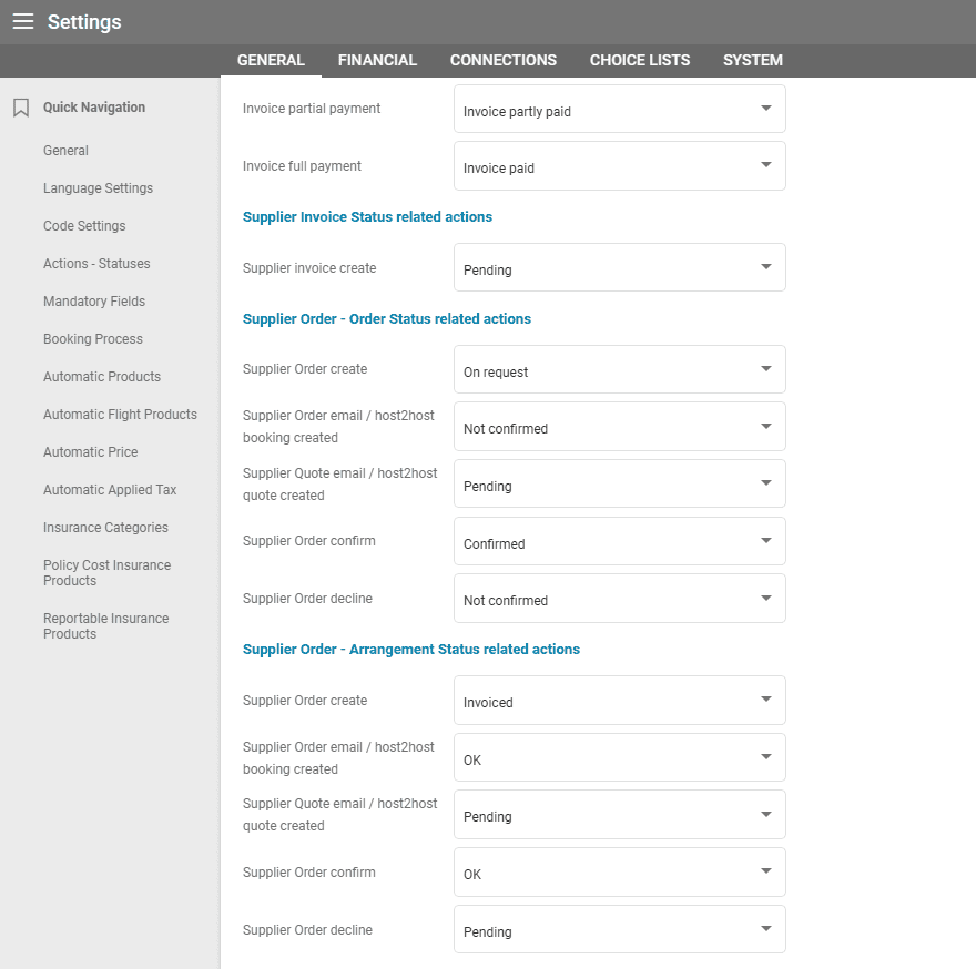 A screenshot of our travel management software showing the new statuses related to supplier orders and deal arrangements.