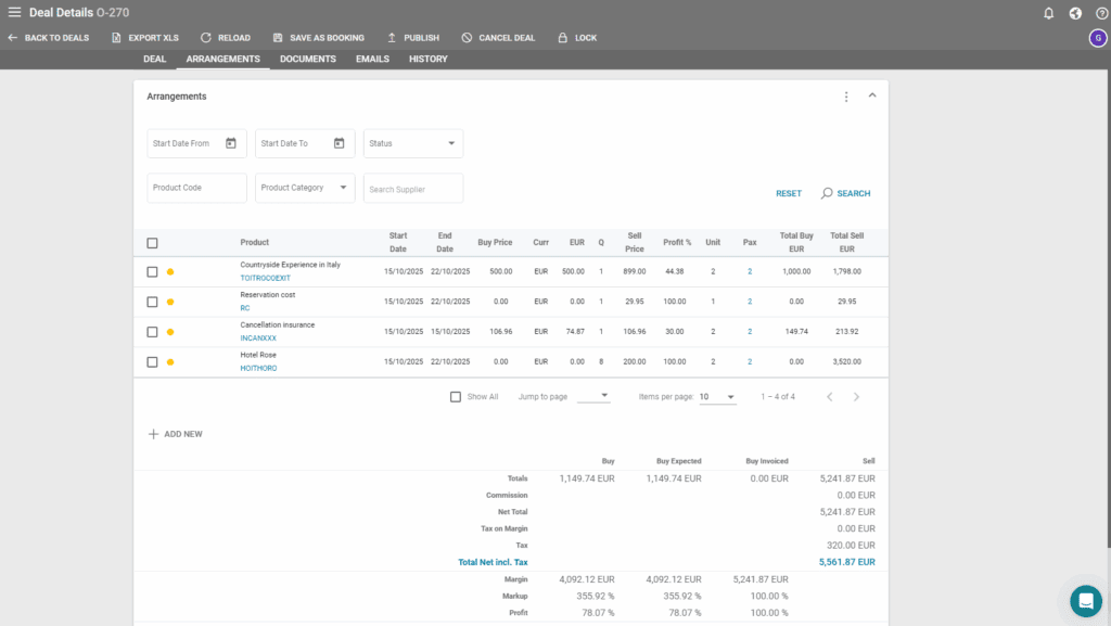 A screenshot showing a deal in Victoury and the price breakdown for each arrangement, and by profit and margin