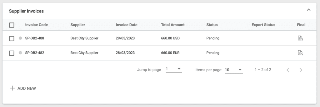 A screenshot showing the supplier invoice section of the group tour allotment