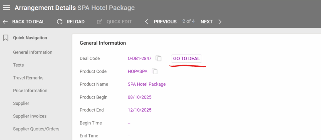 Screenshot of the new "go to deal" button in the Arrangement Details