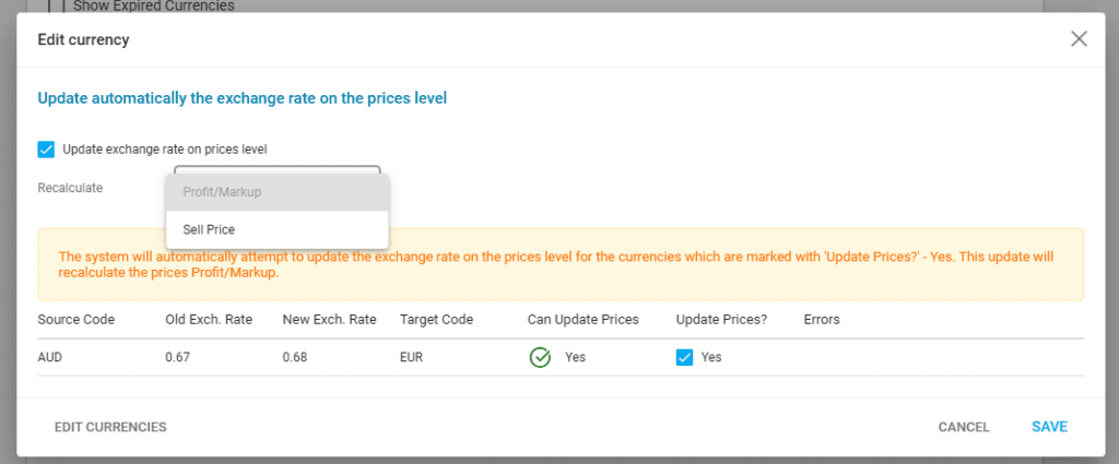 A screenshot of our travel management software showing the available settings when editing a currency rate.