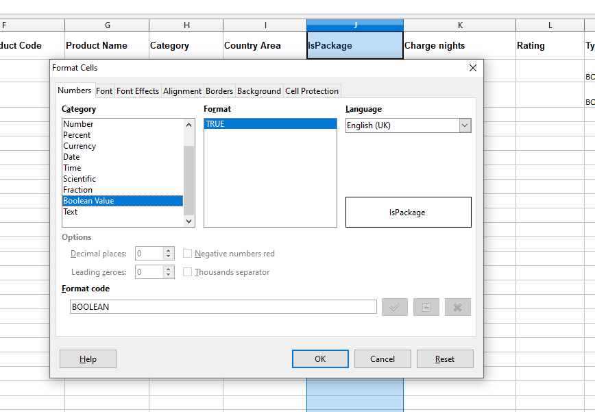 A screenshot showing the file open in excel and how to set a column to have boolean values