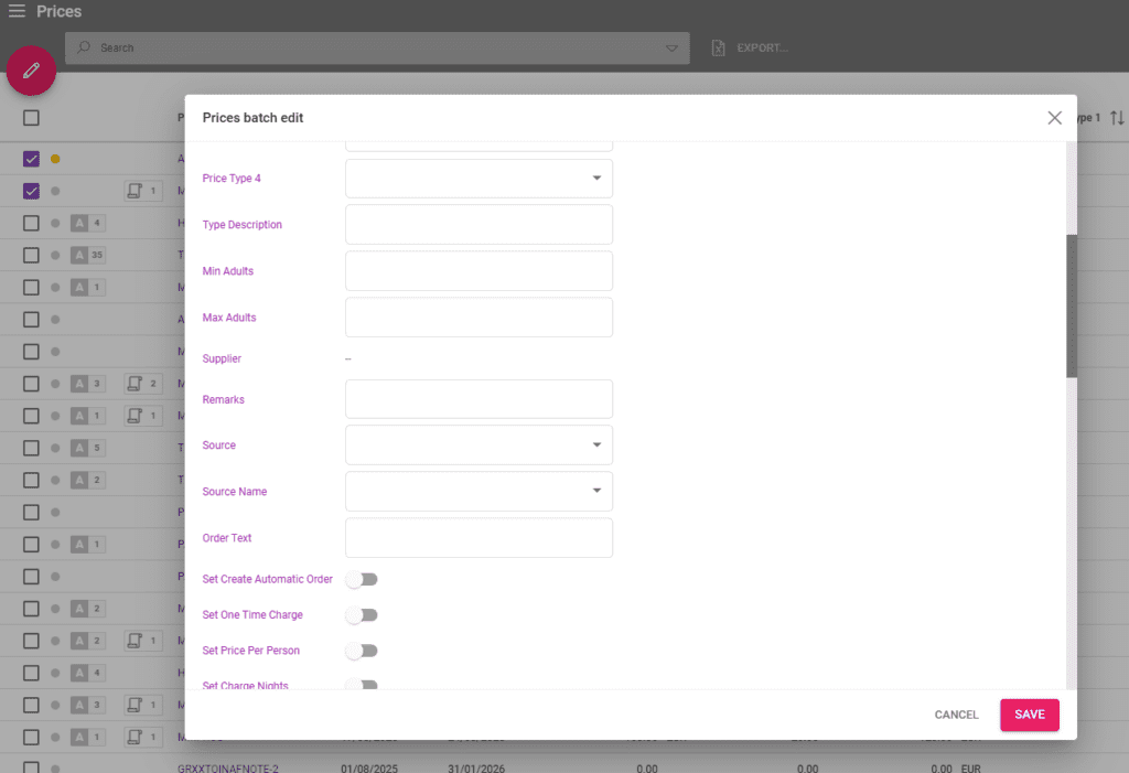 A screenshot showing the new min and max adults fields in the prices batch edit for travel products