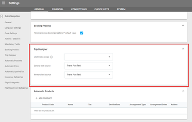 Screenshot of our travel management software showing new settings for the trip designer
