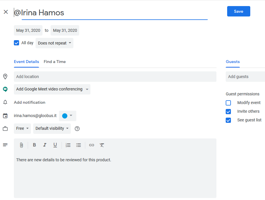 A screenshot in which a new Google task is set up 