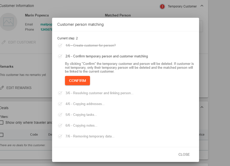 A screenshot showing the customer matching confirmation screen