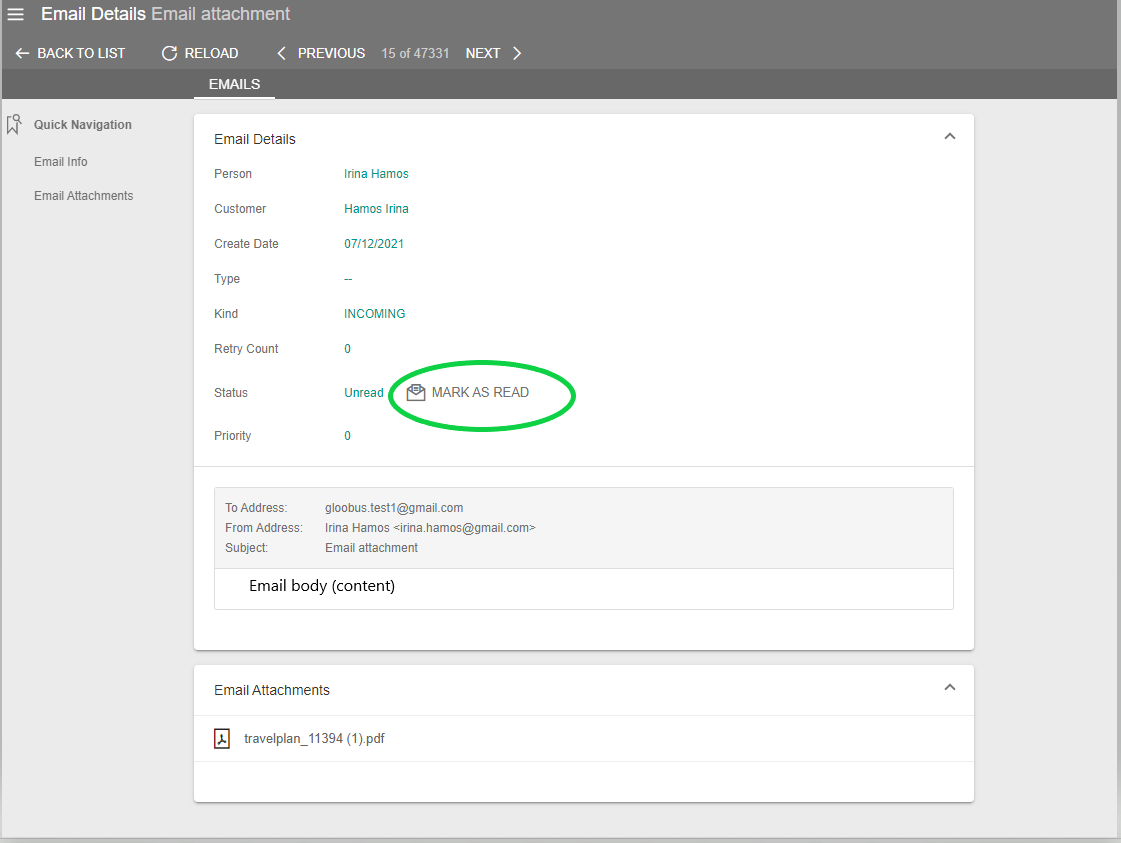 A screenshot of an email in Victoury and the mark as read option
