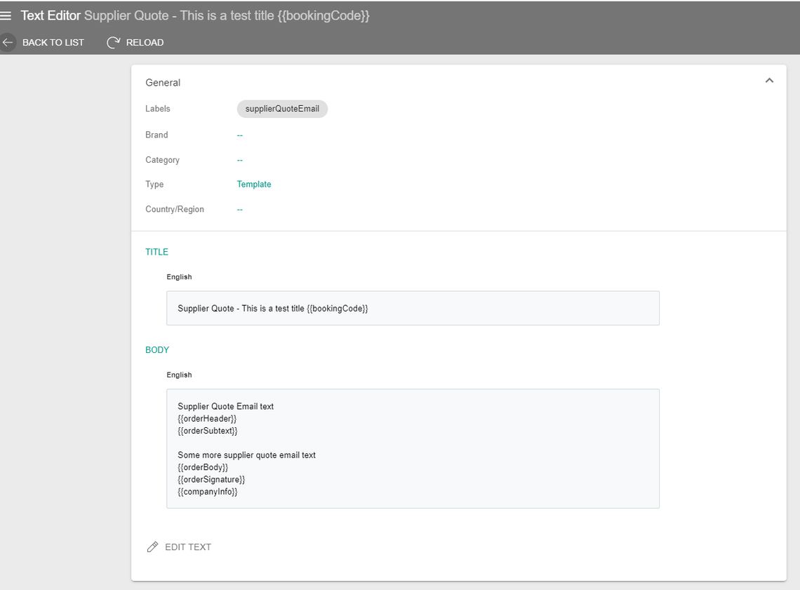 A screenshot showing an example of a text library entry for the supplier quote email