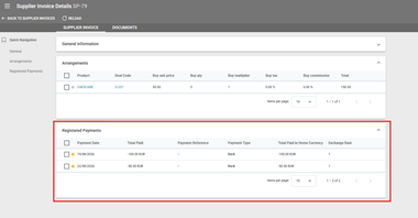 Screenshot of our travel management software showing supplier invoices registered payments