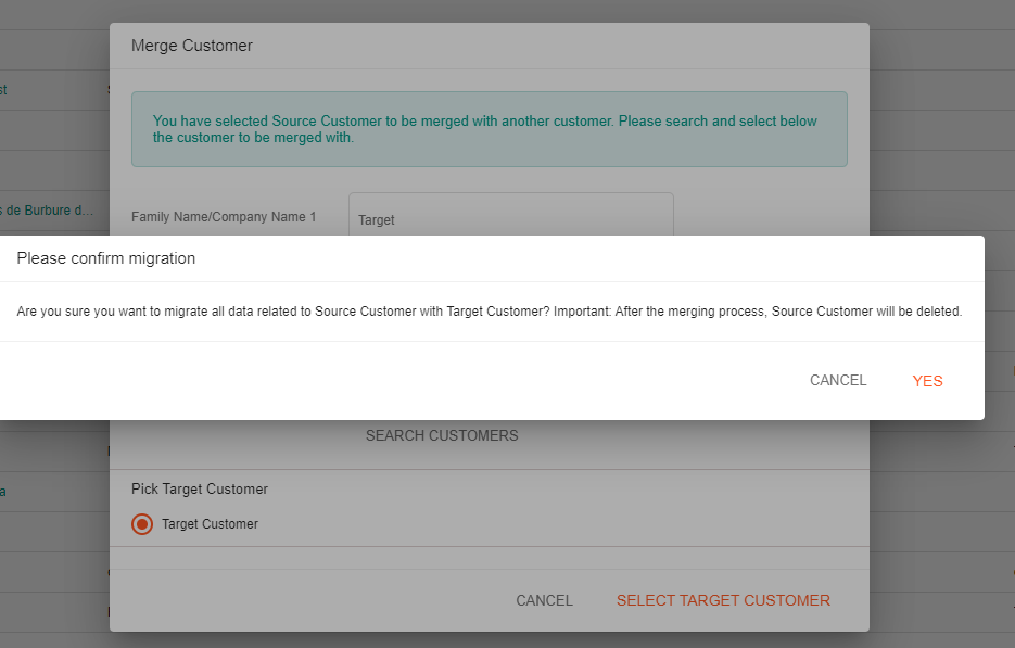 A screenshot showing the confirmation window of the customer merge