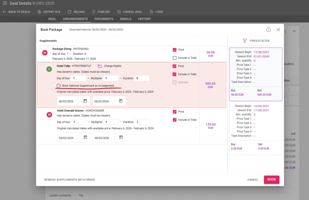 A screenshot showing the checkbox in the travel package booking interface