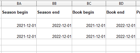 A screenshot showing the season begin, season end, book begin and book end in a product excel file