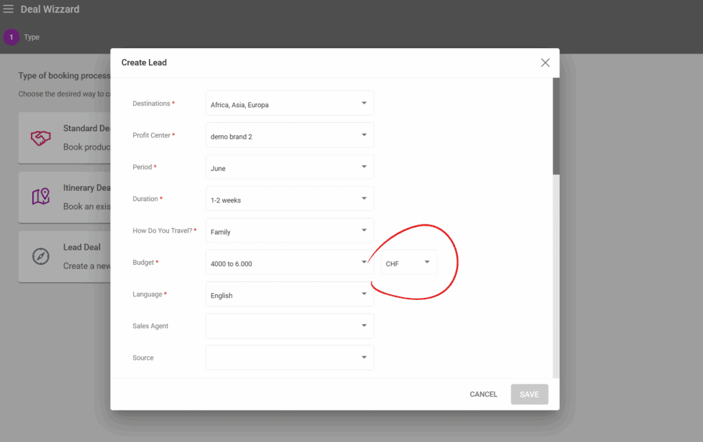 A screenshot showing the option to select the Sell Currency in a Lead Form type deal
