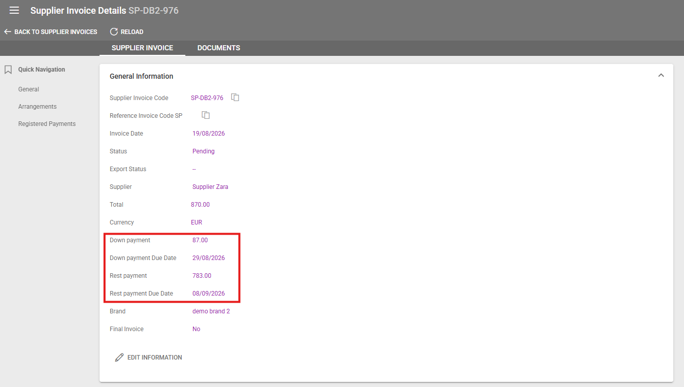 Screenshot of our travel management software showing the fields for supplier down and rest payments in a created supplier invoice