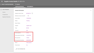 Screenshot of our travel management software showing the fields for supplier down and rest payments in a created supplier invoice