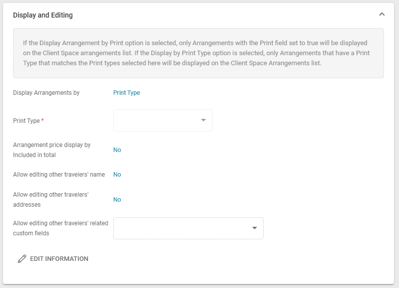 A screenshot of our travel management software showing the new settings for the client space platform that is used to share travel details with your travelers.