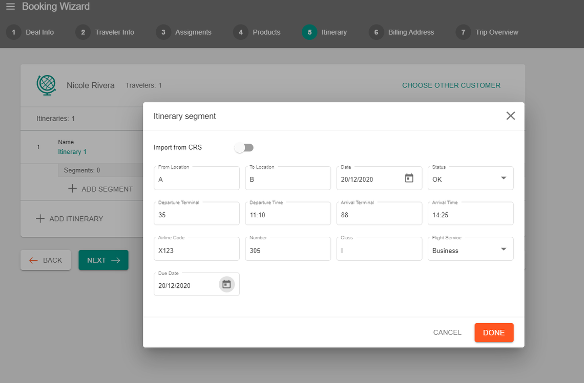 A screenshot showing the itinerary segment input window for a deal's itinerary section