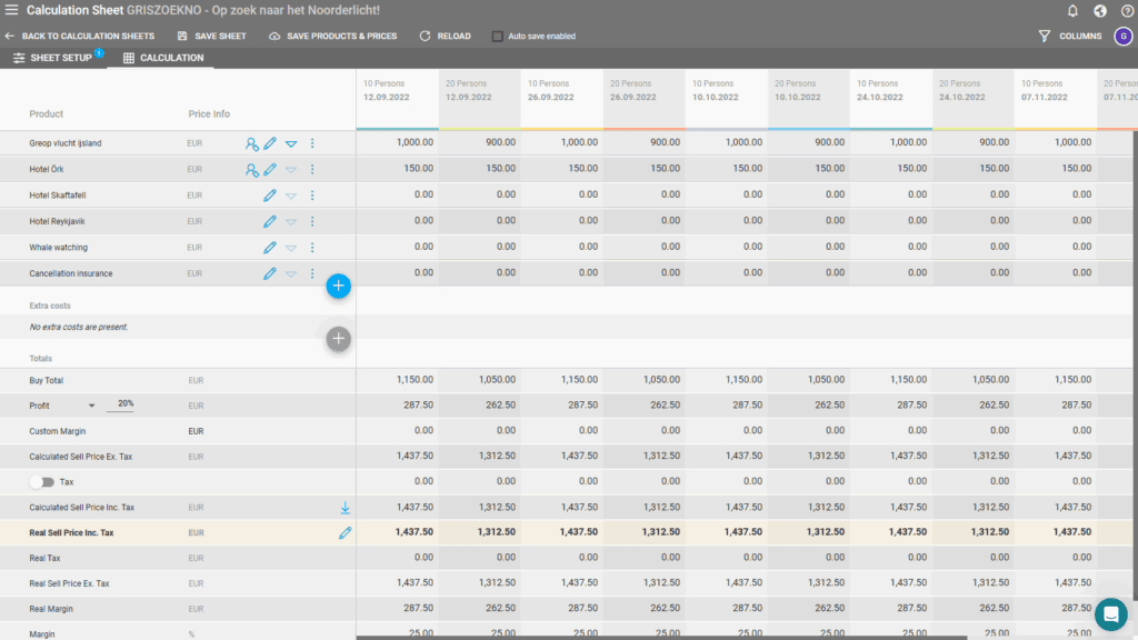 A screenshot of Victoury's calculation sheets for determining group tour costs by product's buy price and traveler number