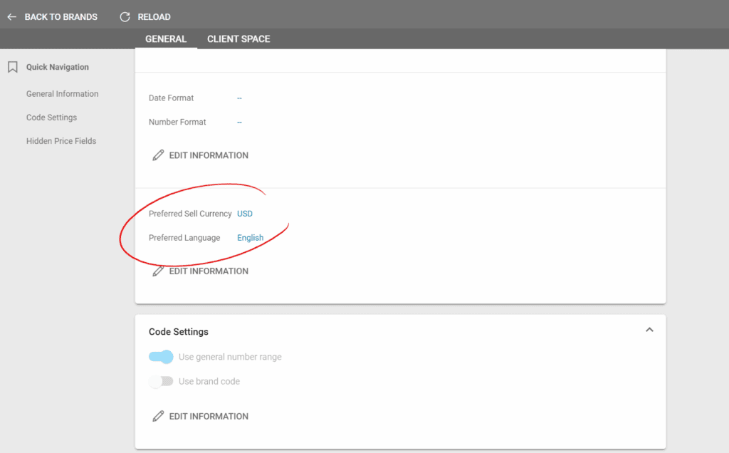 A screenshot showing the preferred language and Sell Currency in the Brand Settings