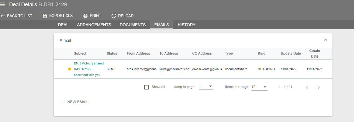 A screenshot showing the emails tab of a deal