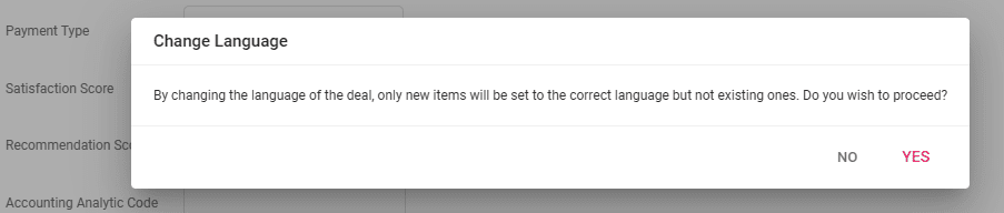 A screenshot showing the warning when changing a deal's language 