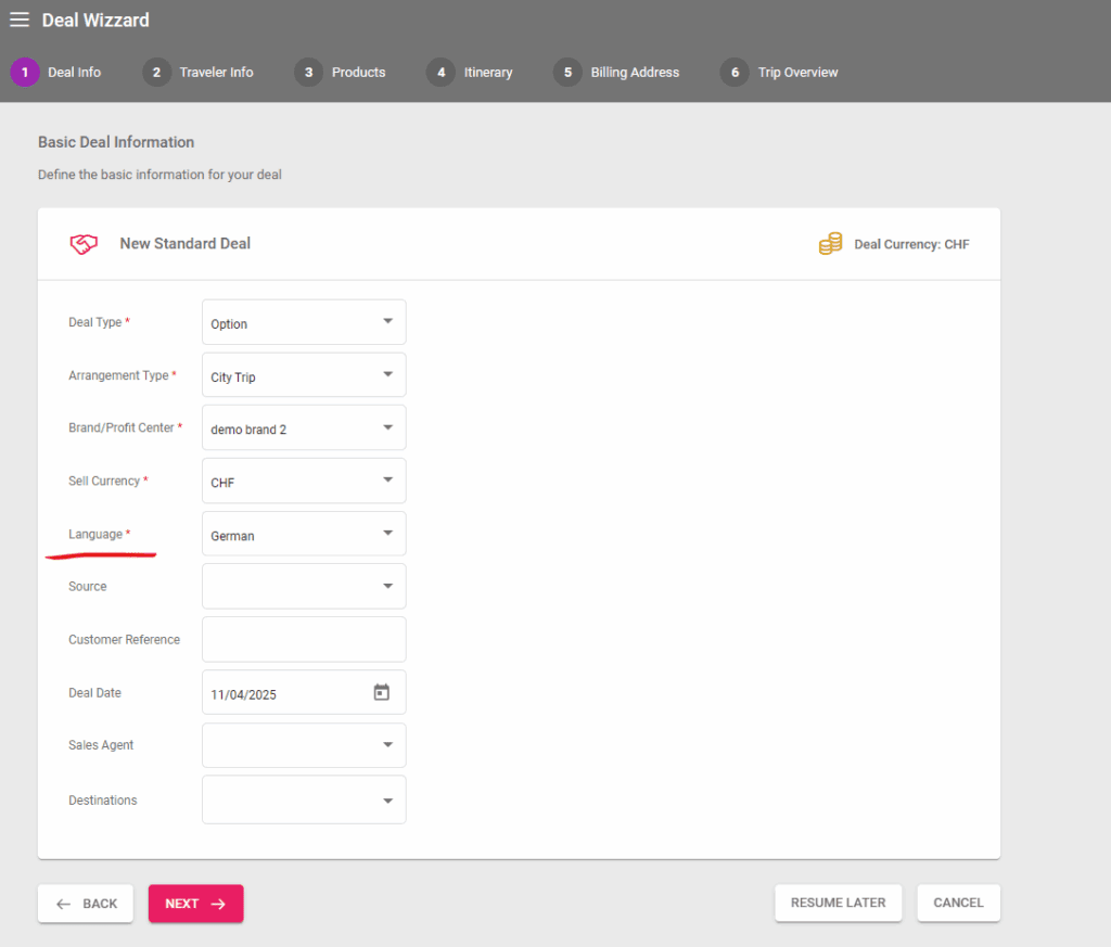 A screenshot showing the new dropdown list for changing the Deal language